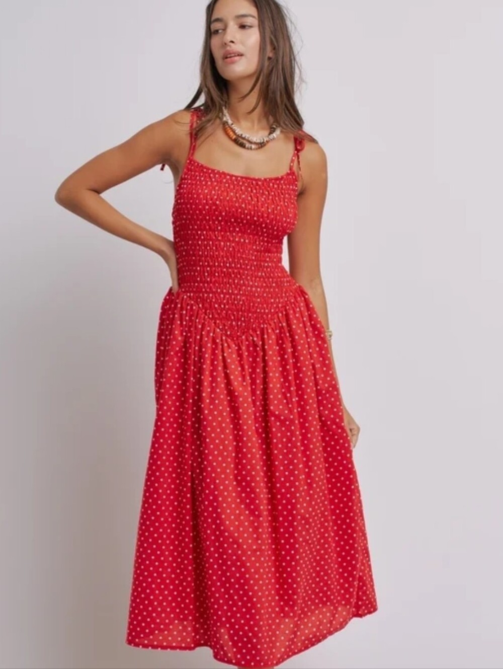 Girls Red Polka Dot Tie-Shoulder Smocked Dress